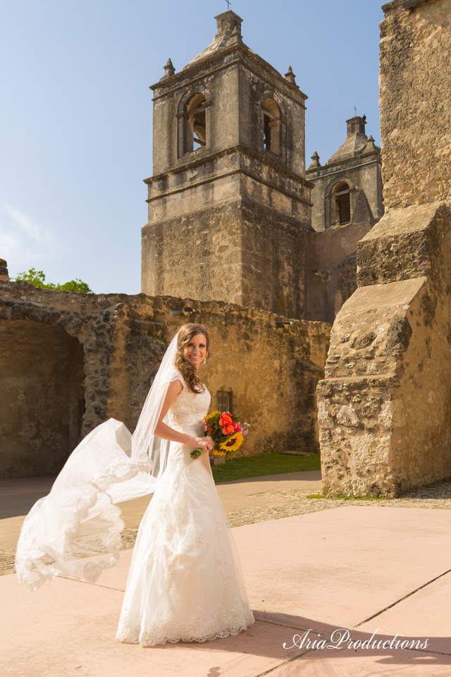 Mission Concepción bell tower bridal portrait